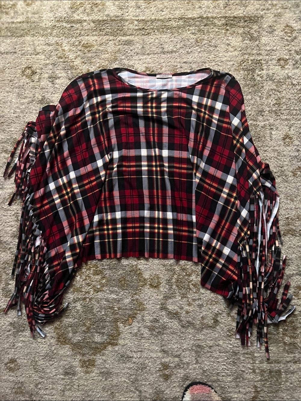 Ming Ming Red Plaid Fringed Poncho